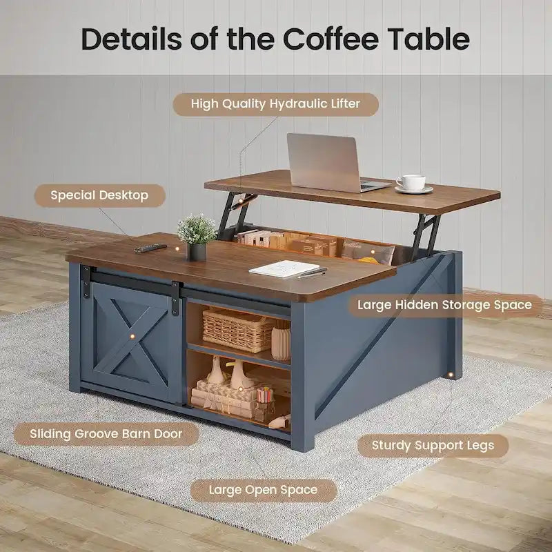 Tavolino da caffè con piano sollevabile, quadrato, con anta scorrevole a fienile e ripiano contenitore
