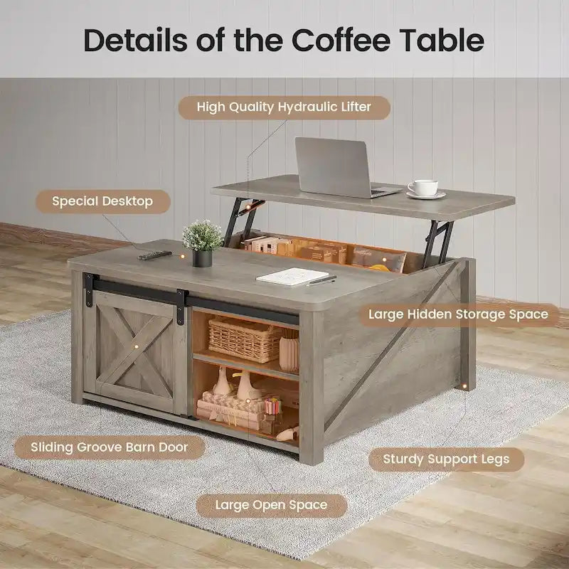 Tavolino da caffè con piano sollevabile, quadrato, con anta scorrevole a fienile e ripiano contenitore