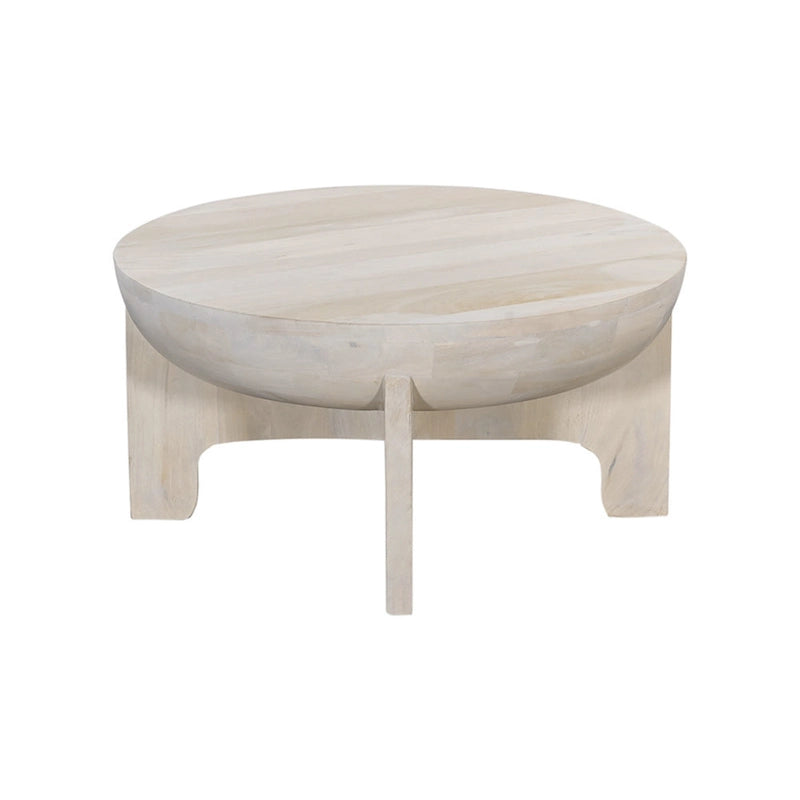 Tomas 32 Inch Coffee Table, Mango Wood Drum Top, Classic Washed White