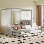 Full Size Linen Upholstery Canopy Platform Bed with Trundle and Three Storage Drawers