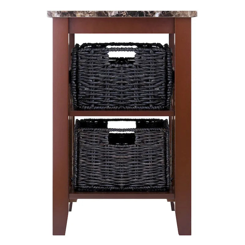 Tavolino Zoey con 2 Cesti Pieghevoli in Foglie di Mais, Piano Effetto Marmo, Cioccolato e Noce - 42 x 51 x 63,6 cm