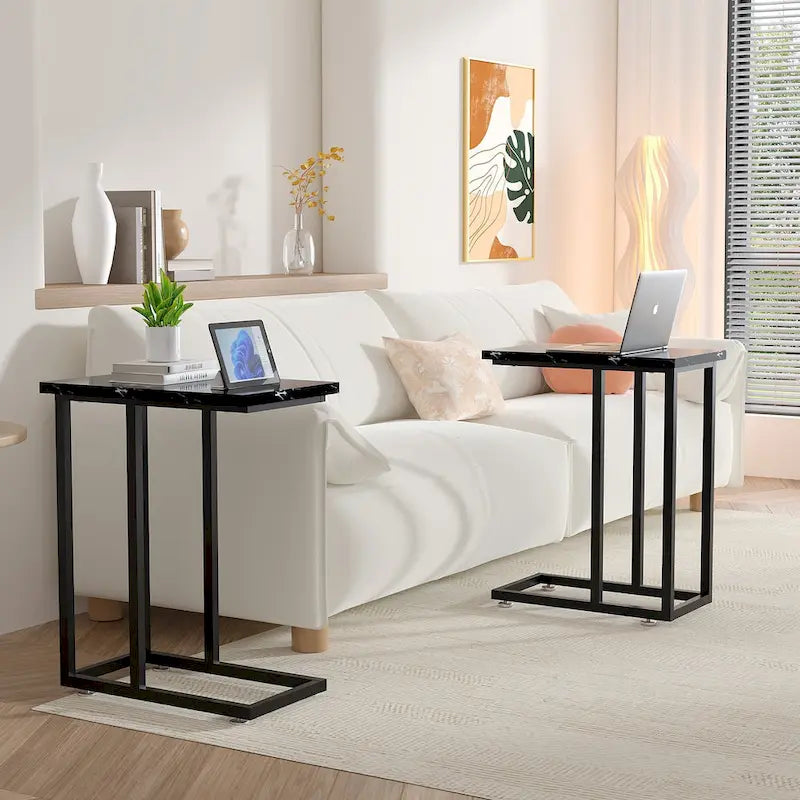 VECELO C-Shaped End Table Small Side Table Sofa Table with Metal Frame C-Shaped Couch Table Nightstand Set of 2