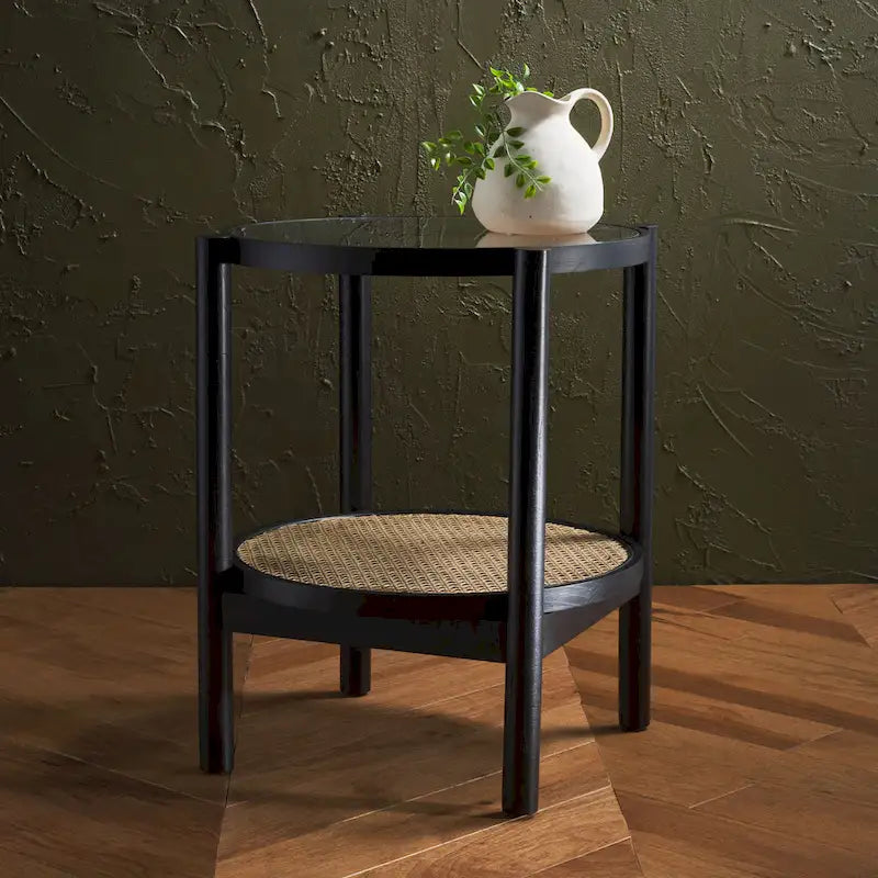 SAFAVIEH Couture Alberdine Tavolino d'Appoggio in Rattan/Vetro - 58,42 cm L x 58,42 cm P x 60,96 cm A - 23L x 23P x 24A