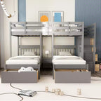 Whisen Full Over Twin & Twin Bunk Bed, Wood Triple Bunk Bed with Drawers and Guardrails