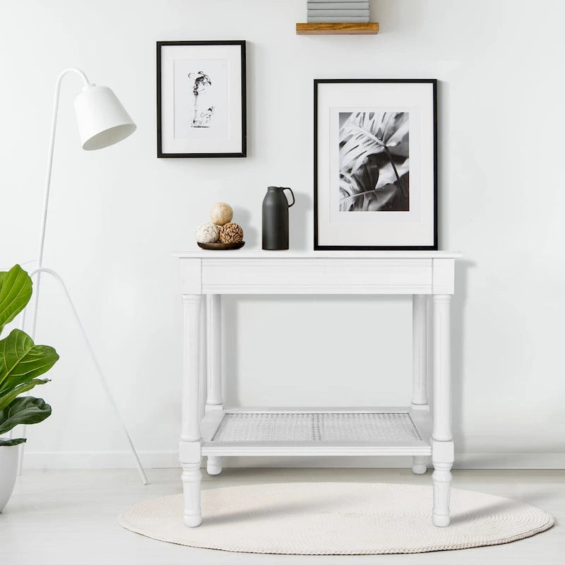 Tavolino in crema Copper Grove Reine con ripiano in rattan