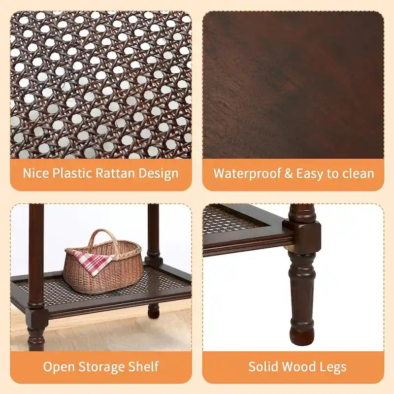 Tavolino in crema Copper Grove Reine con ripiano in rattan