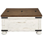 Farmhouse Two Tone Cocktail Table with Lift Top Storage, Brown and White