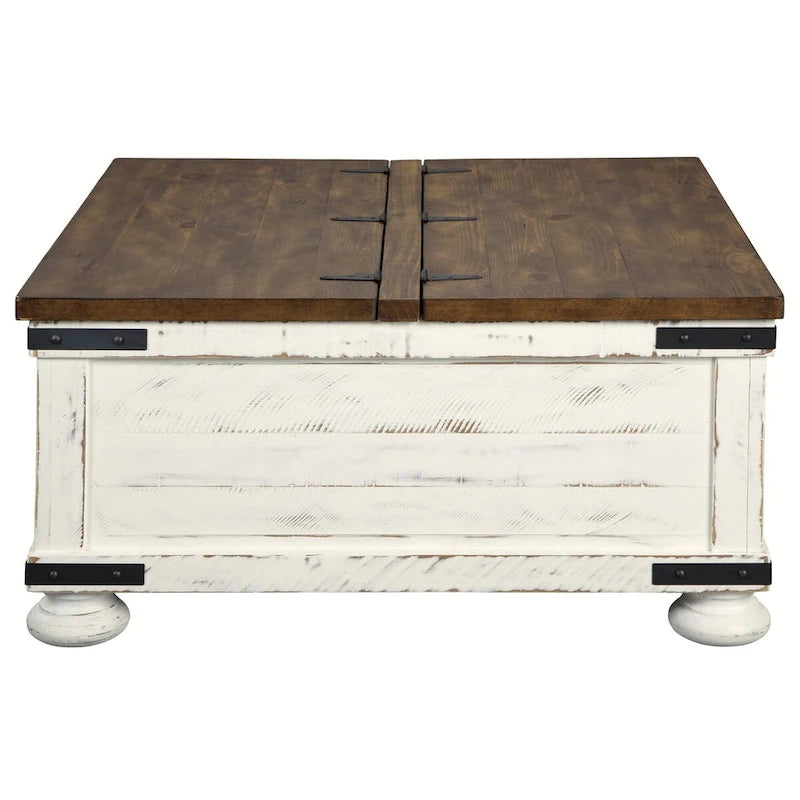 Farmhouse Two Tone Cocktail Table with Lift Top Storage, Brown and White