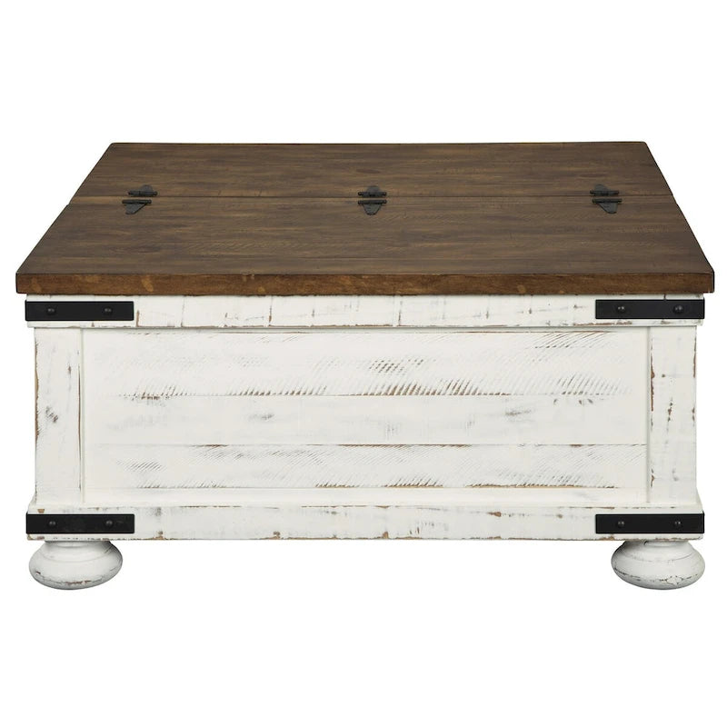 Farmhouse Two Tone Cocktail Table with Lift Top Storage, Brown and White