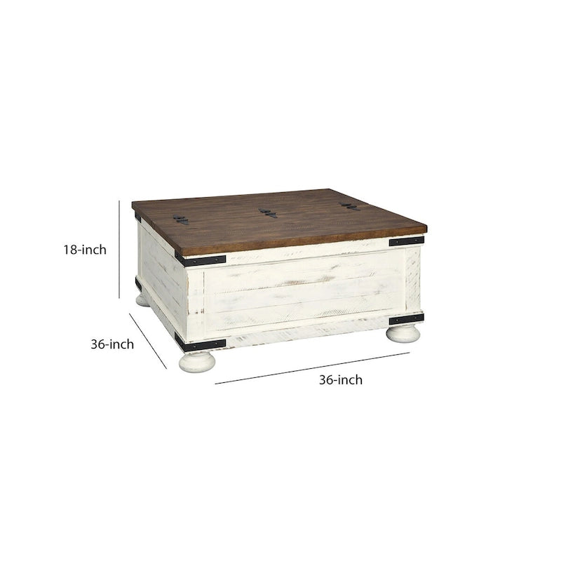 Farmhouse Two Tone Cocktail Table with Lift Top Storage, Brown and White