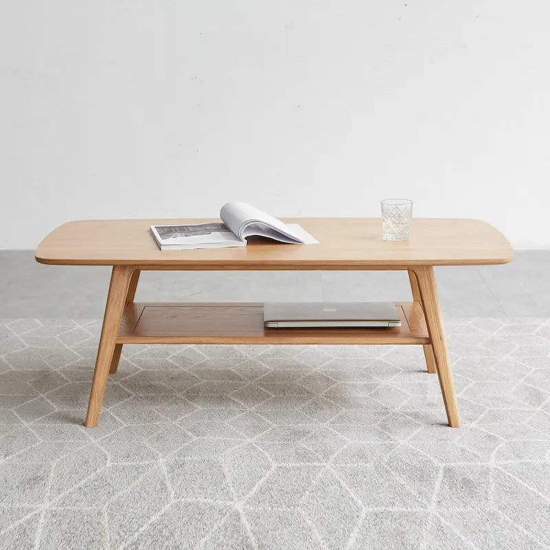 Tavolino da caffè rettangolare Grondin Nordic in legno massello a 2 ripiani con mensola