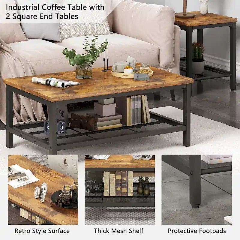 Set di 3 Tavolini da Caffè, Tavolino da Salotto con 2 Tavolini Laterali Quadrati, Set di Tavolini per Soggiorno e Ufficio