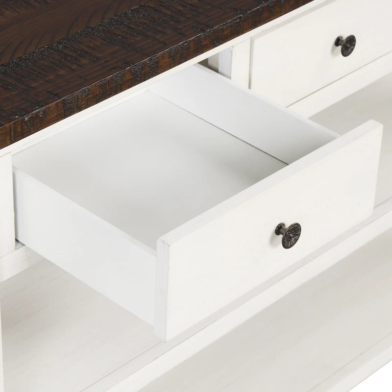 Tavolino Consolle Moderno con Piano in Legno Massello di Pino, 3 Cassetti e 2 Ripiani