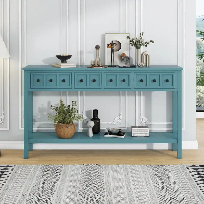 Tavolo Consolle Rustico per Ingresso, Tavolino da Divano da 60 pollici con due Cassetti di Diverse Dimensioni e Ripiano Inferiore per Riporvi Oggetti