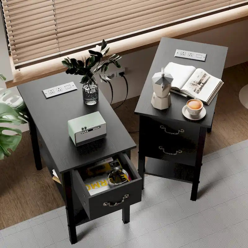 Tavolino con Stazione di Ricarica, Tavolino Laterale Stretto con Cassetti e Porte USB e Prese di Corrente, Comodino per Piccoli Spazi
