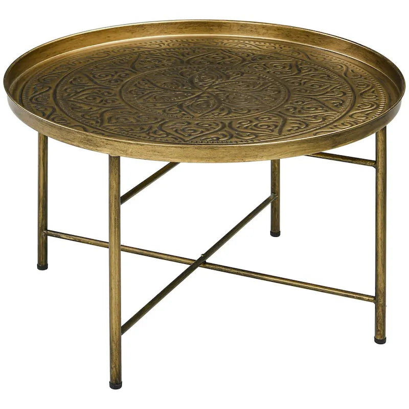 HOMCOM Tavolino da Caffè Rotondo 24 con Piano a Vassoio Martellato, Tavolino Centrale Vintage in Metallo per Salotto, Camera da Letto, Tavolino Laterale