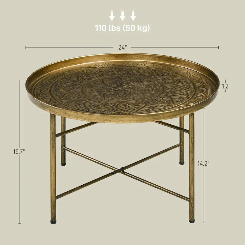 HOMCOM Tavolino da Caffè Rotondo 24 con Piano a Vassoio Martellato, Tavolino Centrale Vintage in Metallo per Salotto, Camera da Letto, Tavolino Laterale