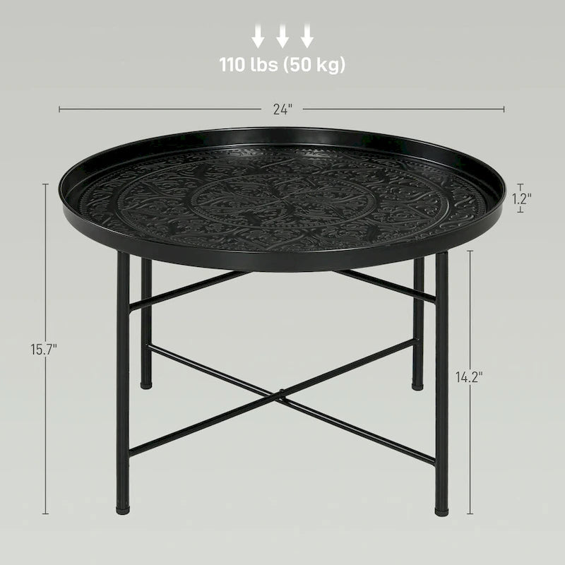 HOMCOM Tavolino da Caffè Rotondo 24 con Piano a Vassoio Martellato, Tavolino Centrale Vintage in Metallo per Salotto, Camera da Letto, Tavolino Laterale