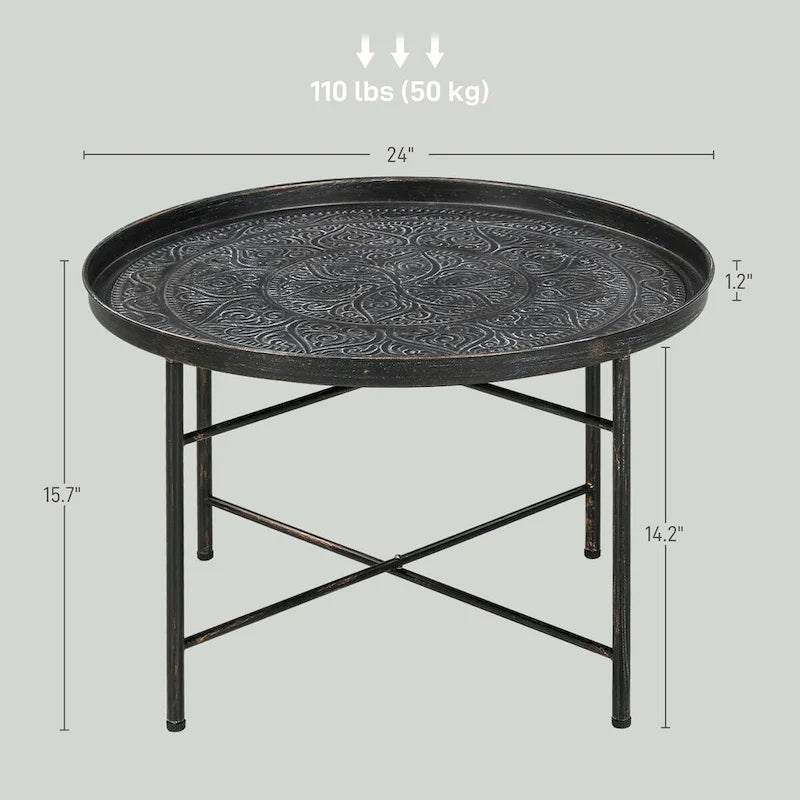 HOMCOM Tavolino da Caffè Rotondo 24 con Piano a Vassoio Martellato, Tavolino Centrale Vintage in Metallo per Salotto, Camera da Letto, Tavolino Laterale