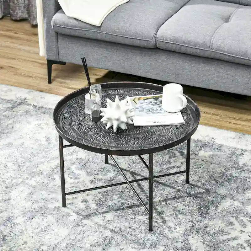 HOMCOM Tavolino da Caffè Rotondo 24 con Piano a Vassoio Martellato, Tavolino Centrale Vintage in Metallo per Salotto, Camera da Letto, Tavolino Laterale