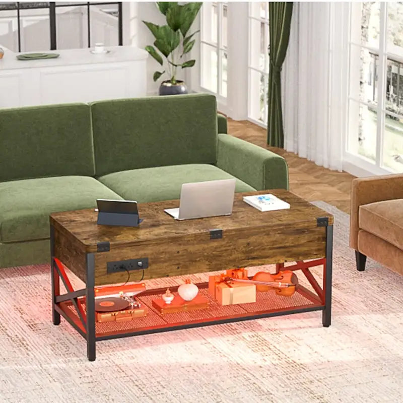 Tavolino da caffè sollevabile con luci LED e porta USB, tavolo da pranzo convertibile moderno stile rustico