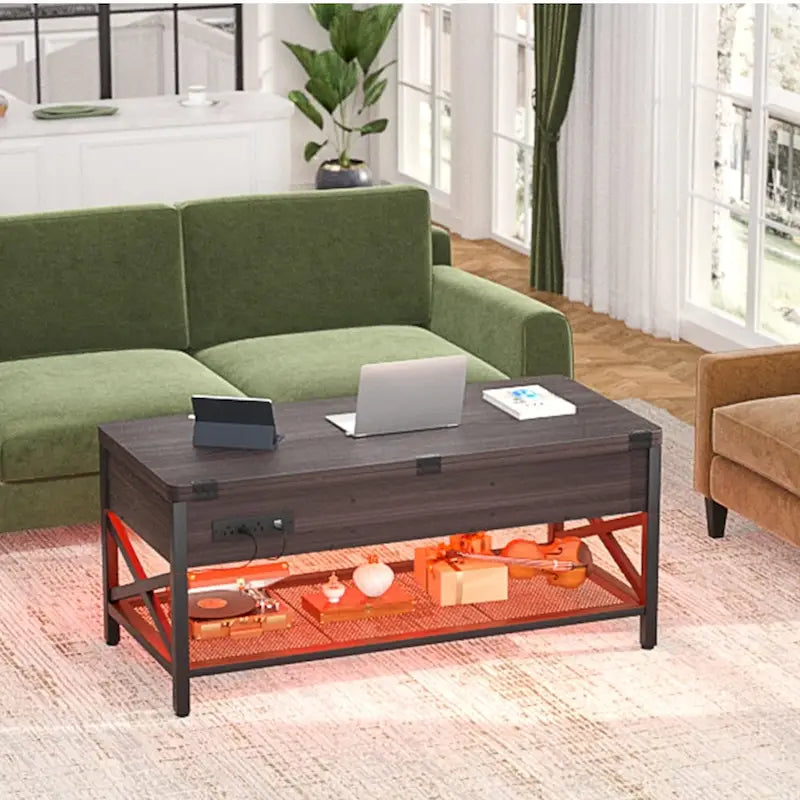 Tavolino da caffè sollevabile con luci LED e porta USB, tavolo da pranzo convertibile moderno stile rustico