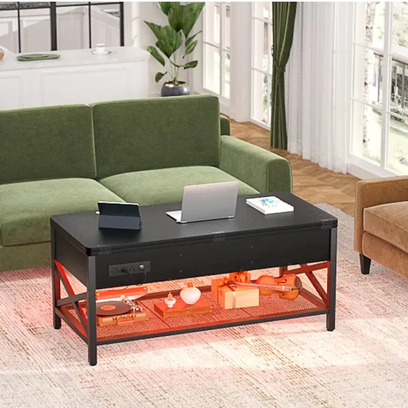 Tavolino da caffè sollevabile con luci LED e porta USB, tavolo da pranzo convertibile moderno stile rustico