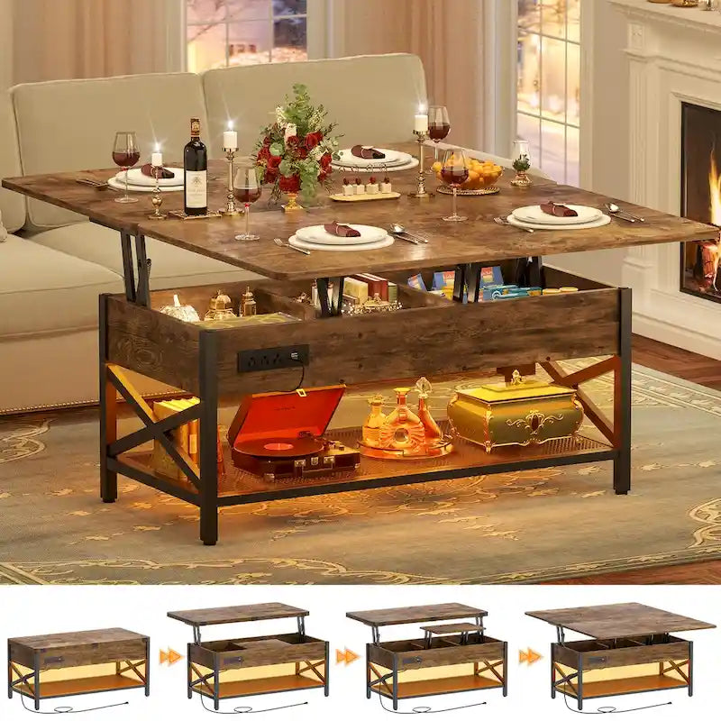 Tavolino da Caffè Espandibile con Piano Sollevabile che si Trasforma in Tavolo da Pranzo con Luce LED e Presa di Corrente - 39 in. L X 41.73 in. P X 26.6 in. H