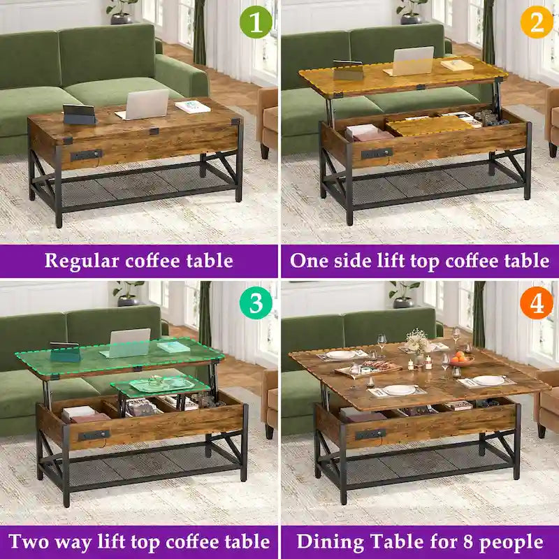 Tavolino da Caffè Espandibile con Piano Sollevabile che si Trasforma in Tavolo da Pranzo con Luce LED e Presa di Corrente - 39 in. L X 41.73 in. P X 26.6 in. H