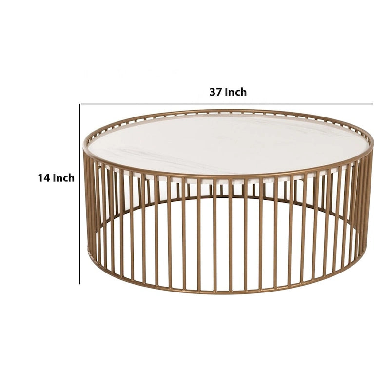 Round Slated Metal Coffee Table with Faux Marble Tray Top, Gold and White