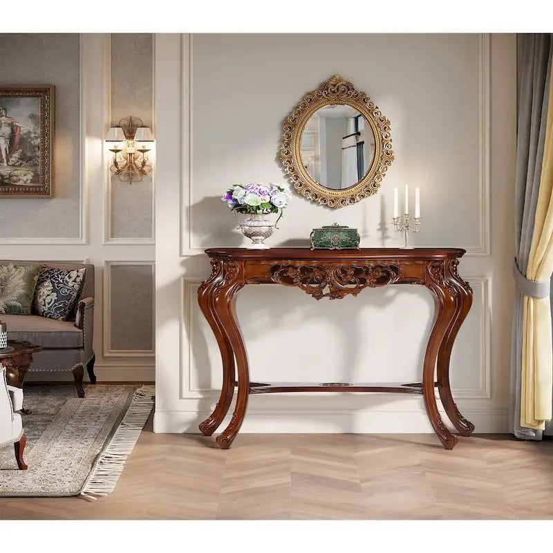 Vintage Carved Console Table with Storage Shelves Sofa Table