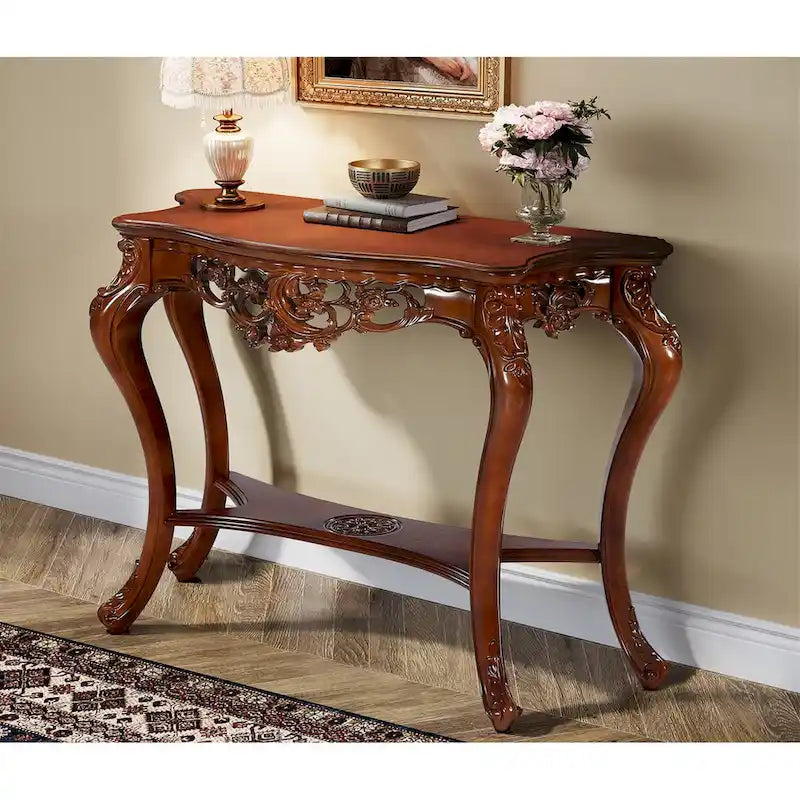 Vintage Carved Console Table with Storage Shelves Sofa Table