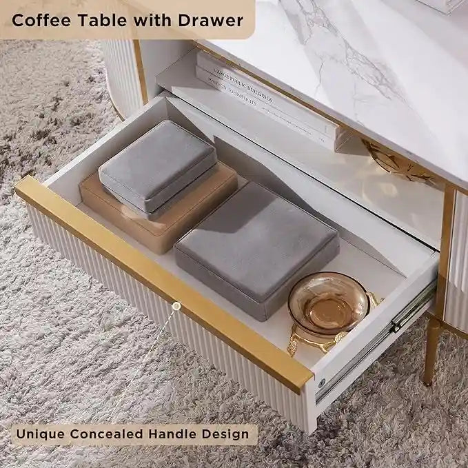 Tavolino da caffè scanalato moderno di lusso, tavolino da salotto con piano in finto marmo