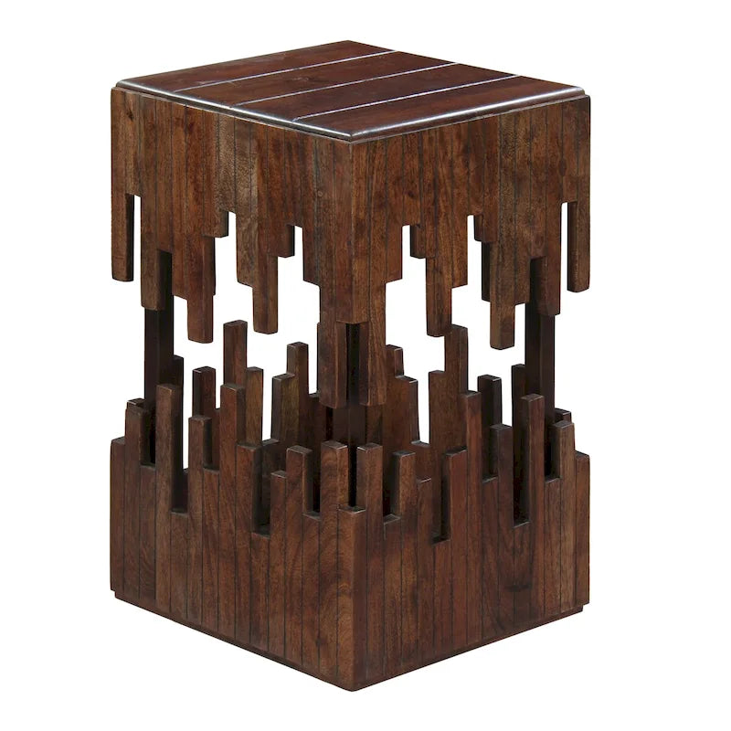 Tavolino Accentuale da 24 Pollici, Legno di Acacia Marrone, Piano Quadrato a Doghe, Silhouette Astratta Artigianale, Ferro Nero