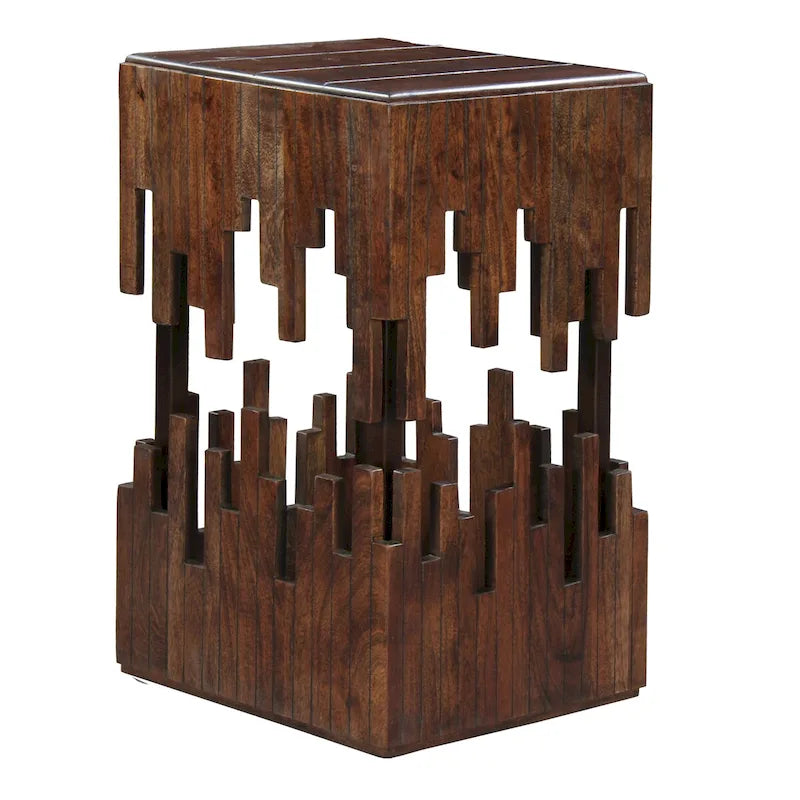 Tavolino Accentuale da 24 Pollici, Legno di Acacia Marrone, Piano Quadrato a Doghe, Silhouette Astratta Artigianale, Ferro Nero