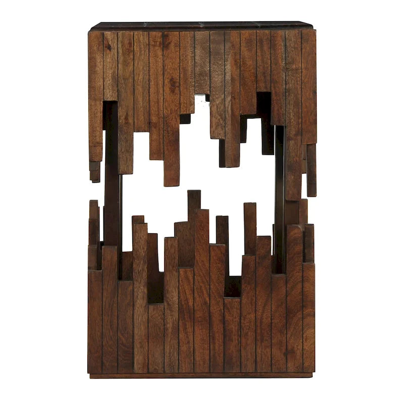 Tavolino Accentuale da 24 Pollici, Legno di Acacia Marrone, Piano Quadrato a Doghe, Silhouette Astratta Artigianale, Ferro Nero