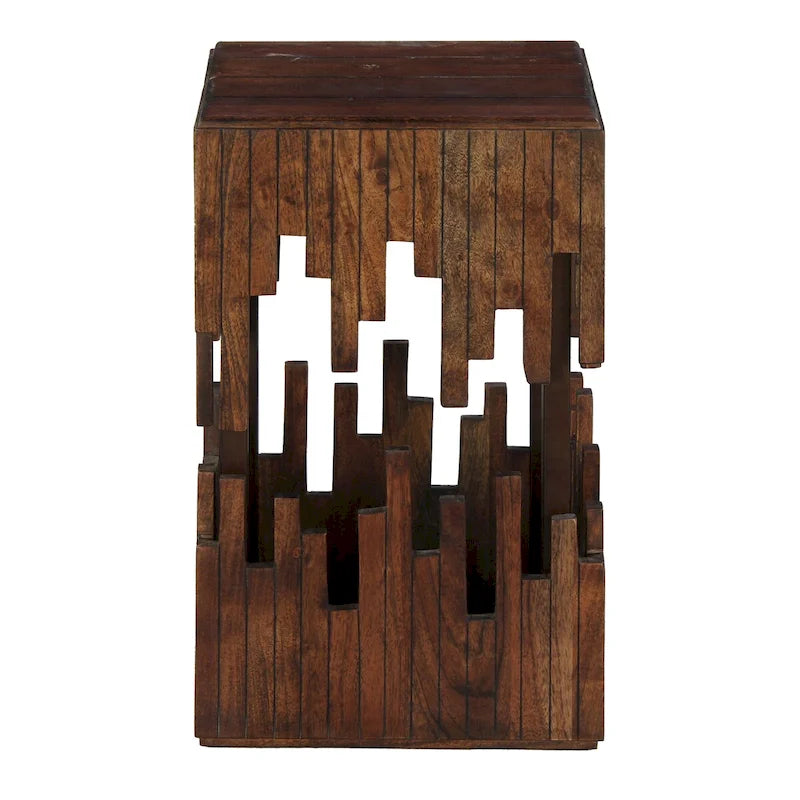 Tavolino Accentuale da 24 Pollici, Legno di Acacia Marrone, Piano Quadrato a Doghe, Silhouette Astratta Artigianale, Ferro Nero