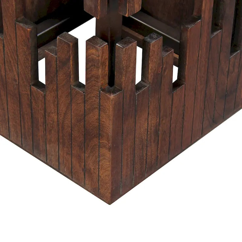Tavolino Accentuale da 24 Pollici, Legno di Acacia Marrone, Piano Quadrato a Doghe, Silhouette Astratta Artigianale, Ferro Nero