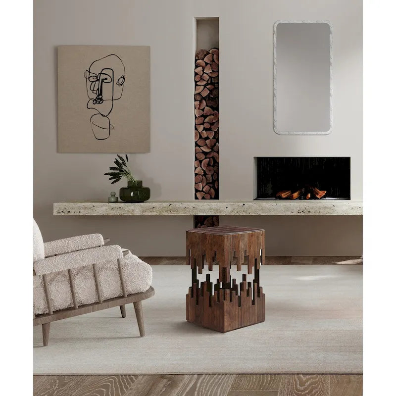 Tavolino Accentuale da 24 Pollici, Legno di Acacia Marrone, Piano Quadrato a Doghe, Silhouette Astratta Artigianale, Ferro Nero