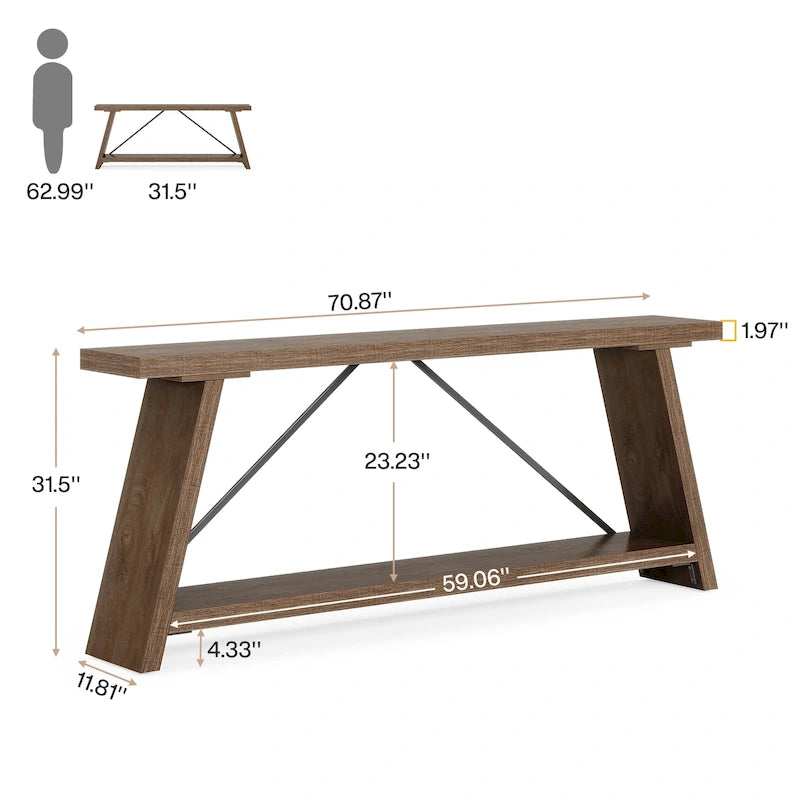 Consolle Rustica in Legno da 180 cm con Ripiano Contenitore