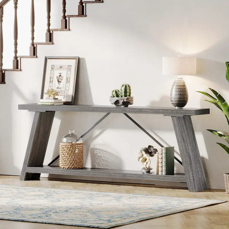 Consolle Rustica in Legno da 180 cm con Ripiano Contenitore