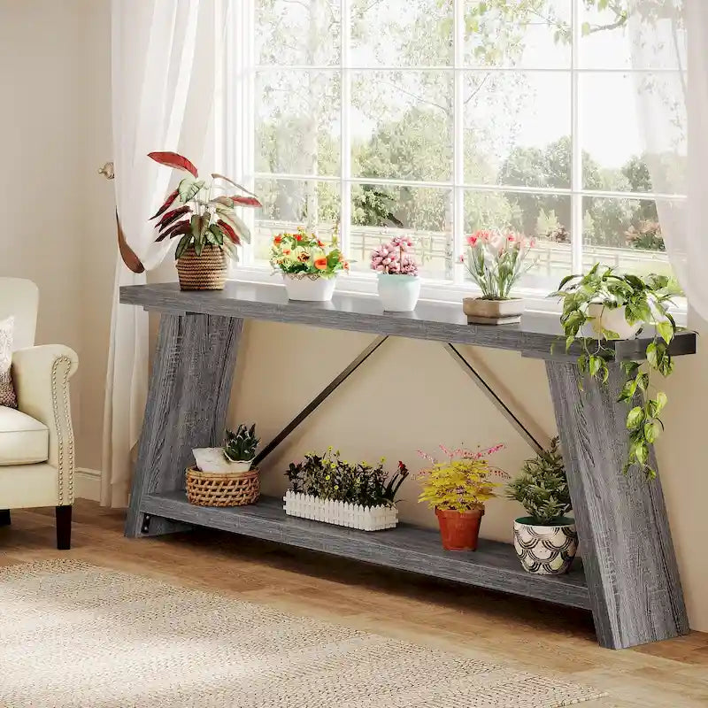 Consolle Rustica in Legno da 180 cm con Ripiano Contenitore