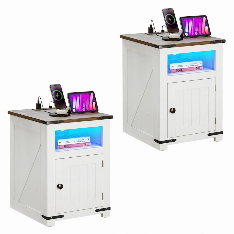 Moasis Set di 2 Tavolini da Divano da Fattoria a LED con Stazione di Ricarica e Porte USB