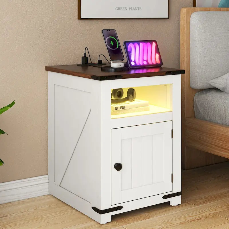 Moasis Set di 2 Tavolini da Divano da Fattoria a LED con Stazione di Ricarica e Porte USB