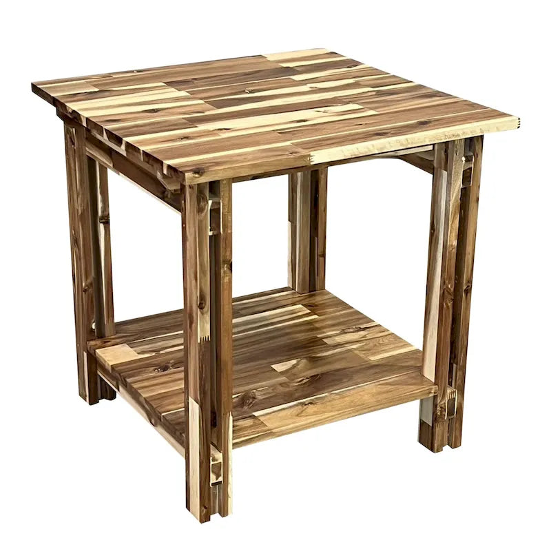 Tavolino terminale architettonico in legno di acacia con ripiano
