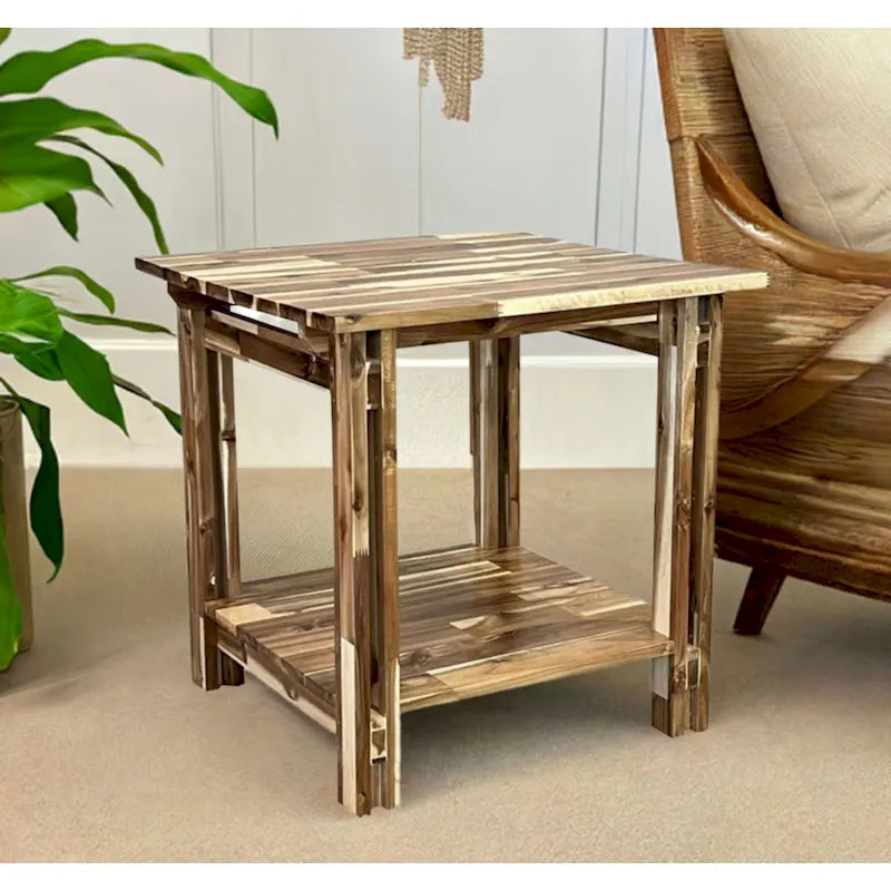 Tavolino terminale architettonico in legno di acacia con ripiano