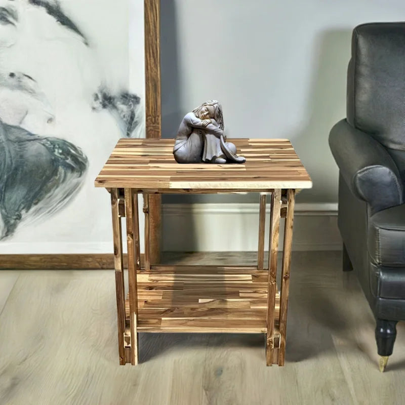 Tavolino terminale architettonico in legno di acacia con ripiano