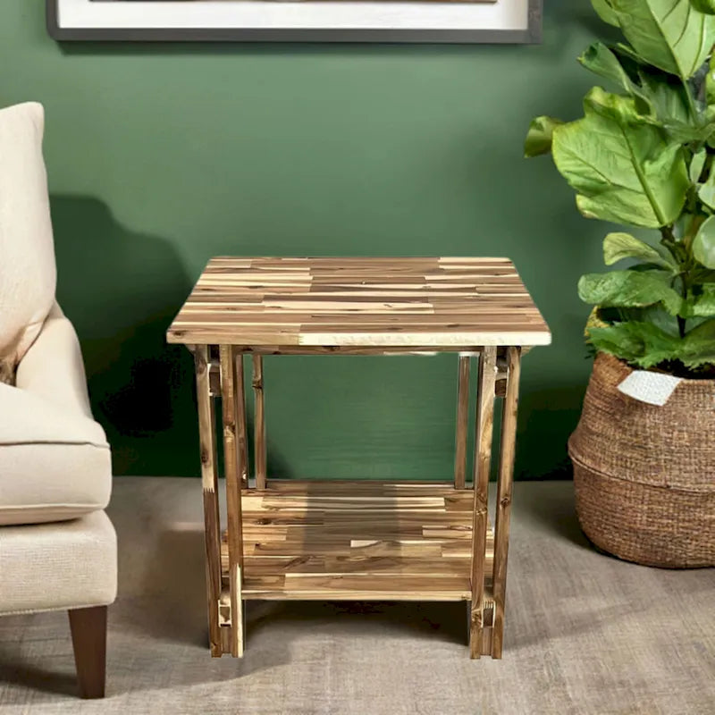 Tavolino terminale architettonico in legno di acacia con ripiano