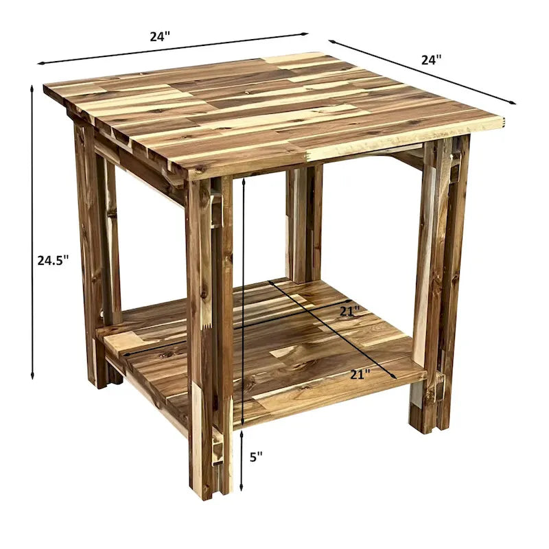 Tavolino terminale architettonico in legno di acacia con ripiano