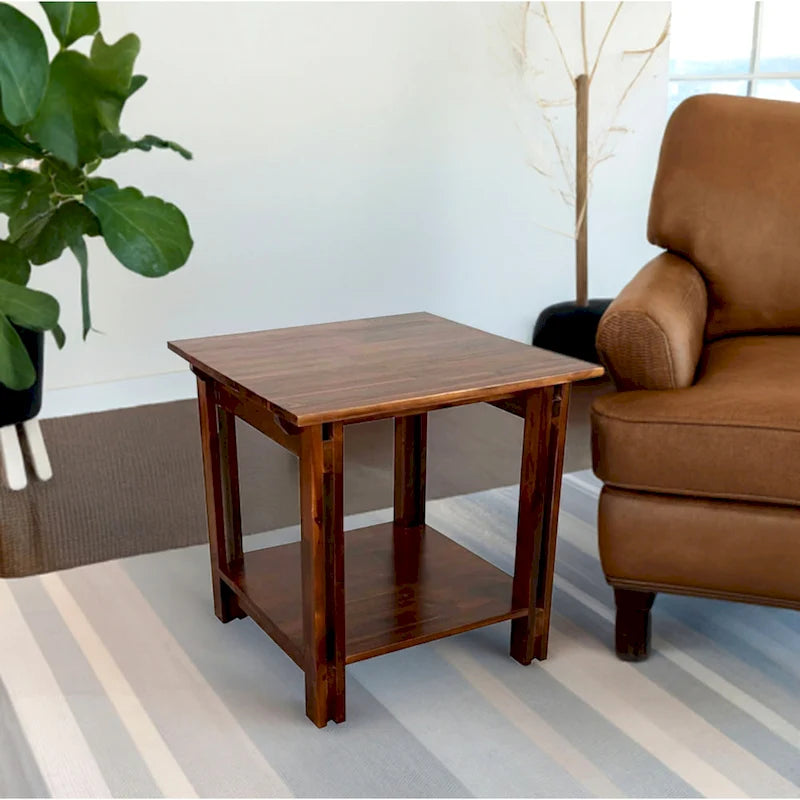 Tavolino terminale architettonico in legno di acacia con ripiano
